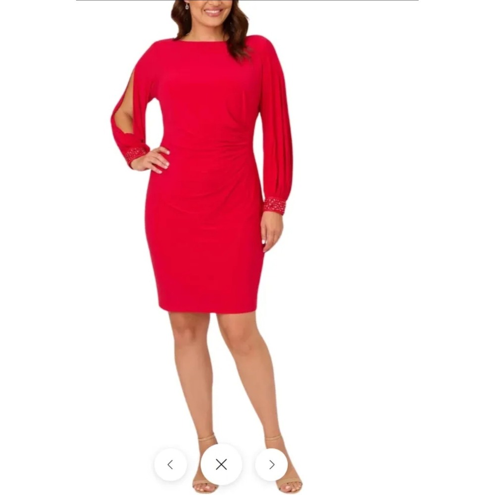 Adrianna Papell Red Beaded Cuffβ Jersey Sheath Dress Boat Neck 20W NEW